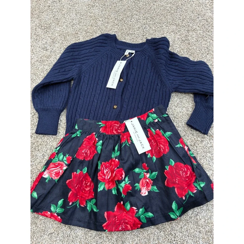 Janie and Jack Girls Navy Cable Knit Cardigan and Red Rose Floral Skirt 2T #0518